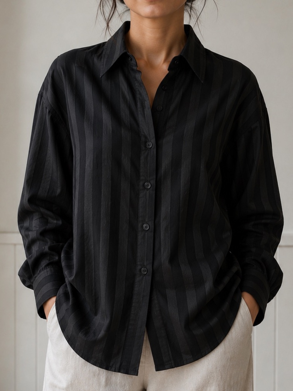 Anne Fontaine Paris Black Sheer Stripe Button-Down Shirt Minimalist Cotton